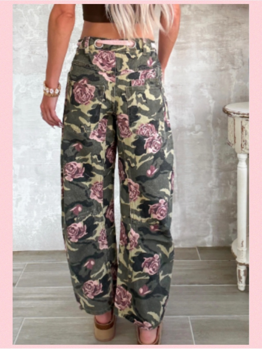 VIP Green Camo Wide-Leg Pants with Pink Floral Print.49